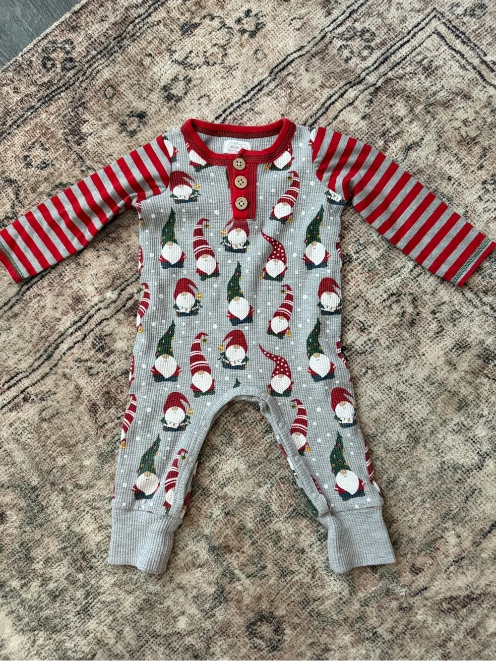 Mud Pie Red and Gray Gnome Print Long-Sleeve One-Piece